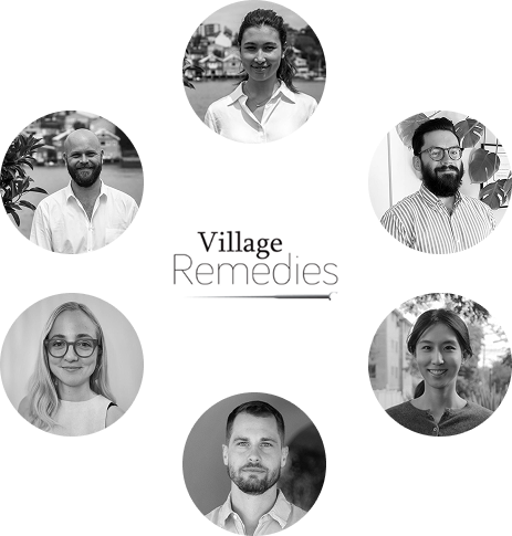 Six people’s headshots in a circle around the Village Remedies logo, reflecting TCM and acupuncture.
