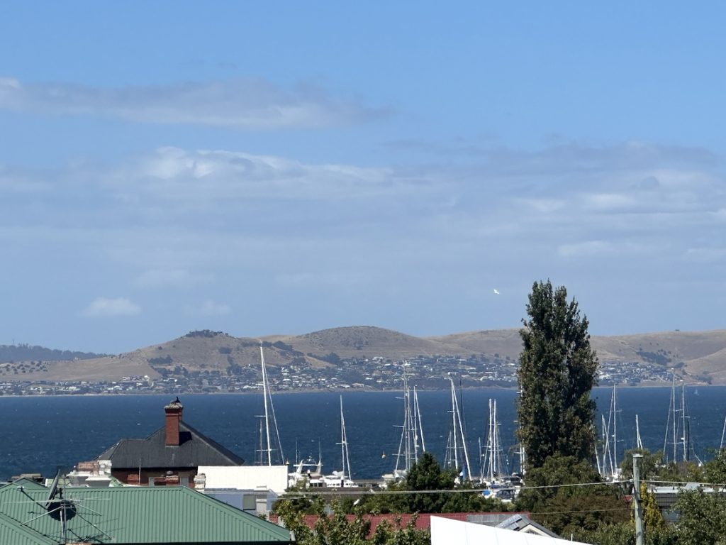 Harbor view with sailboats, rooftops and Acupuncture Hobart in the foreground, hills beyond.