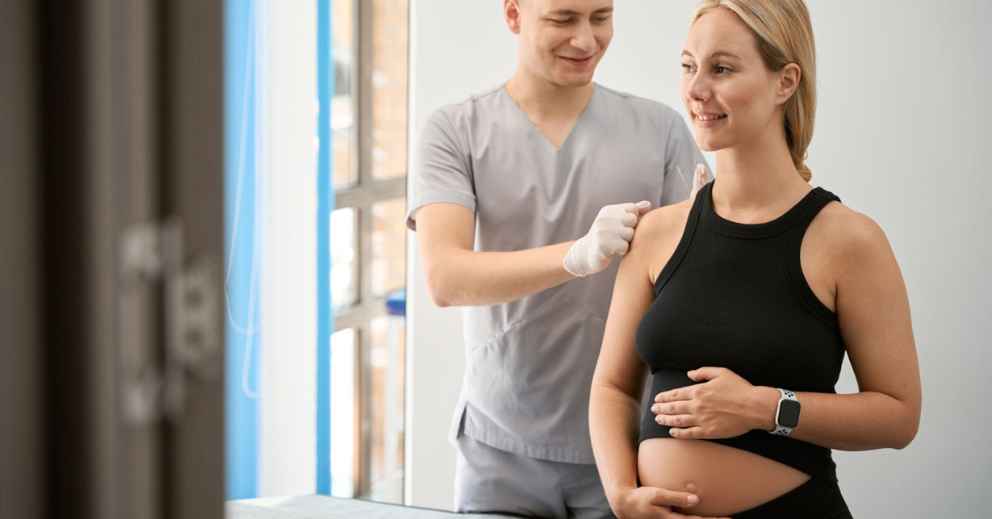 A pregnant woman follows a 100-day acupuncture plan before IVF and receives a vaccine in a clinic.