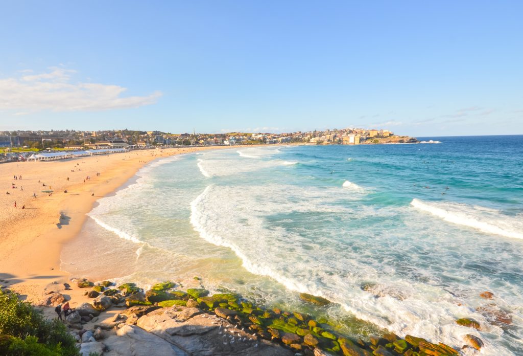 A sandy beach with waves, scattered people, and Acupuncture Coogee nearby under a clear sky.